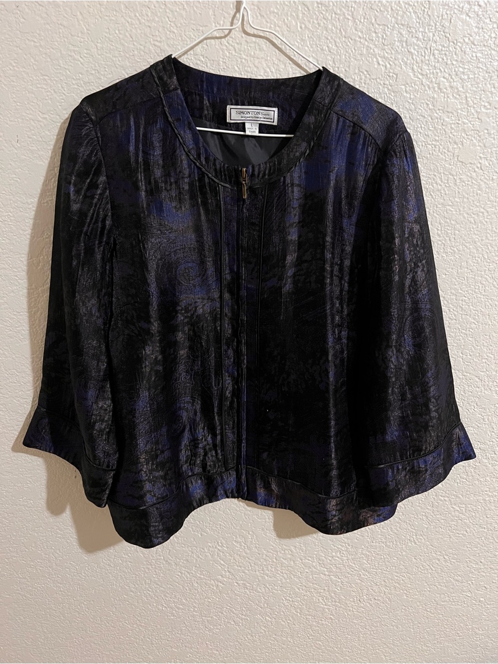 Vintage Satin Simonton Says Collection Black and Indigo Zip-Front Tunic Jacket